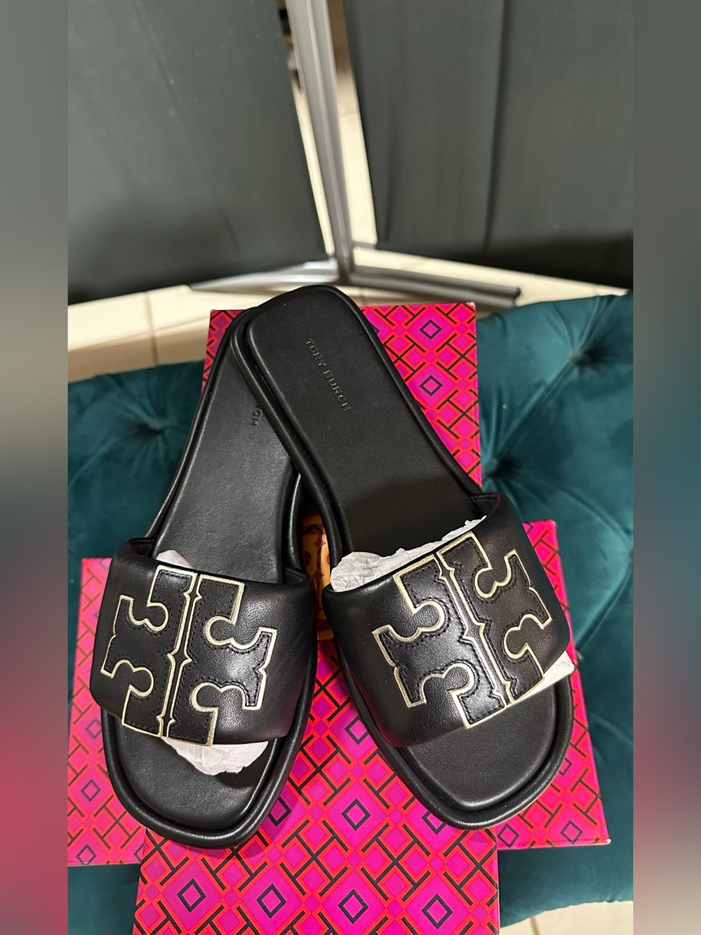 Tory Burch Black Slide Sandals with Gold Logo Trim